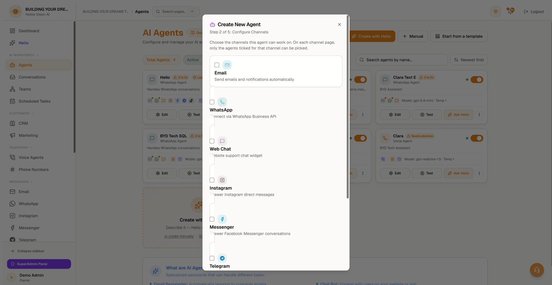 Create Agent - Step 2 (Channels)