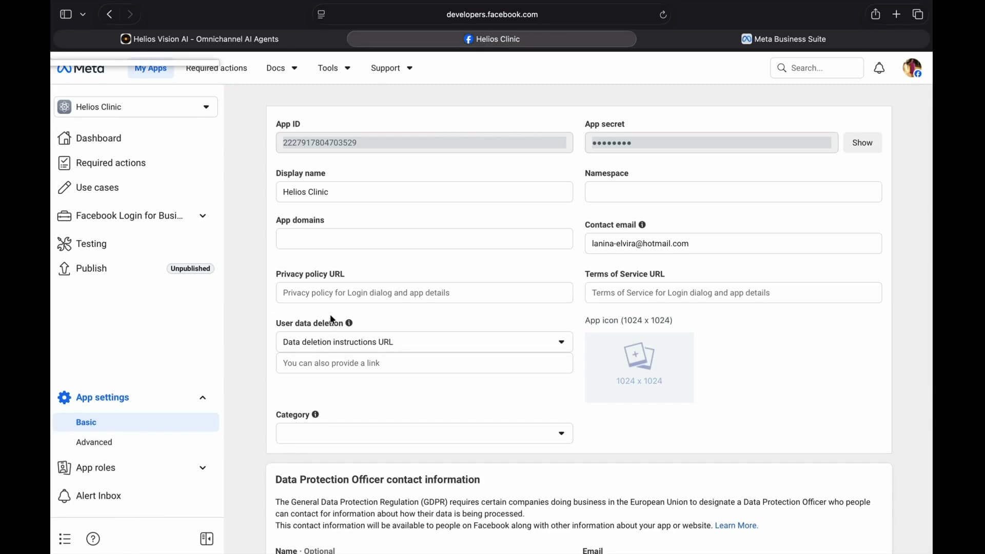 Complete the basic app settings before publishing