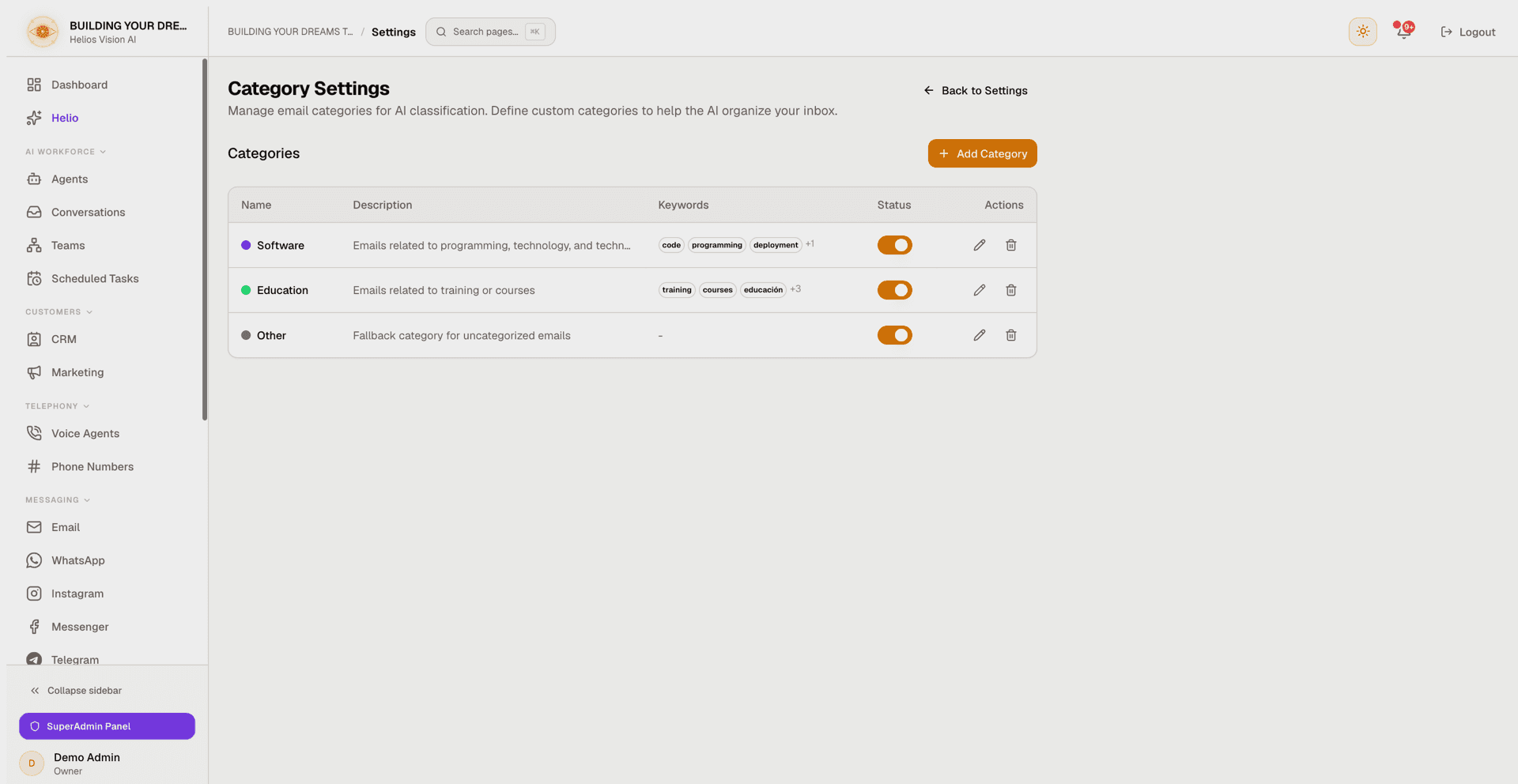 Categories Settings