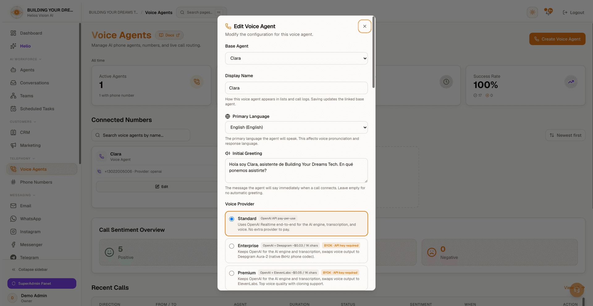 Voice configuration: language, greeting and voice provider