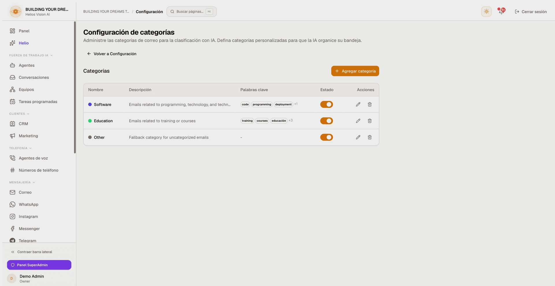 Configuración de Categorías