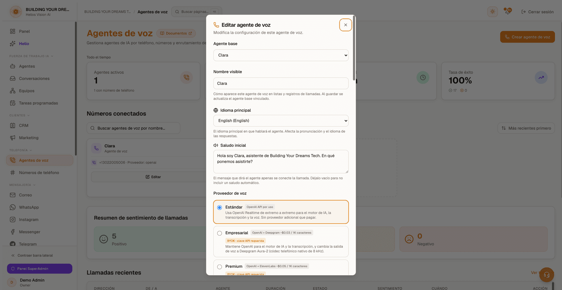 Configuración de voz: idioma, saludo y proveedor